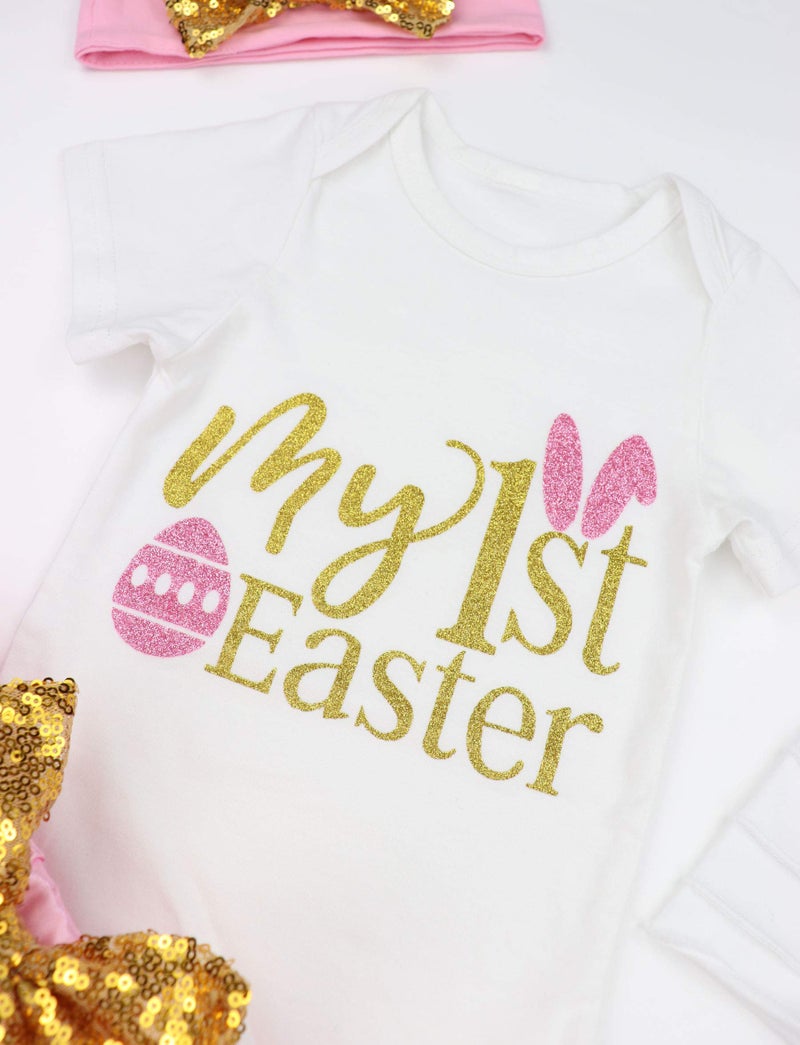 Fommy Easter Baby Girl Outfit, 9-12 Months Letter Printed Short Sleeve Romper + Tutu Dress + Leg Warmers + Headband 4Pcs Set, Pink - Image 2